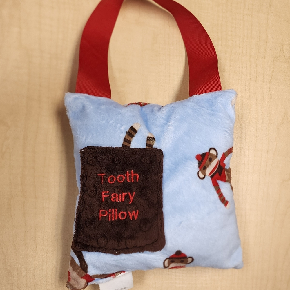 Tooth Fairy Pillow - Light Blue with Brown Pocket and Monkeys